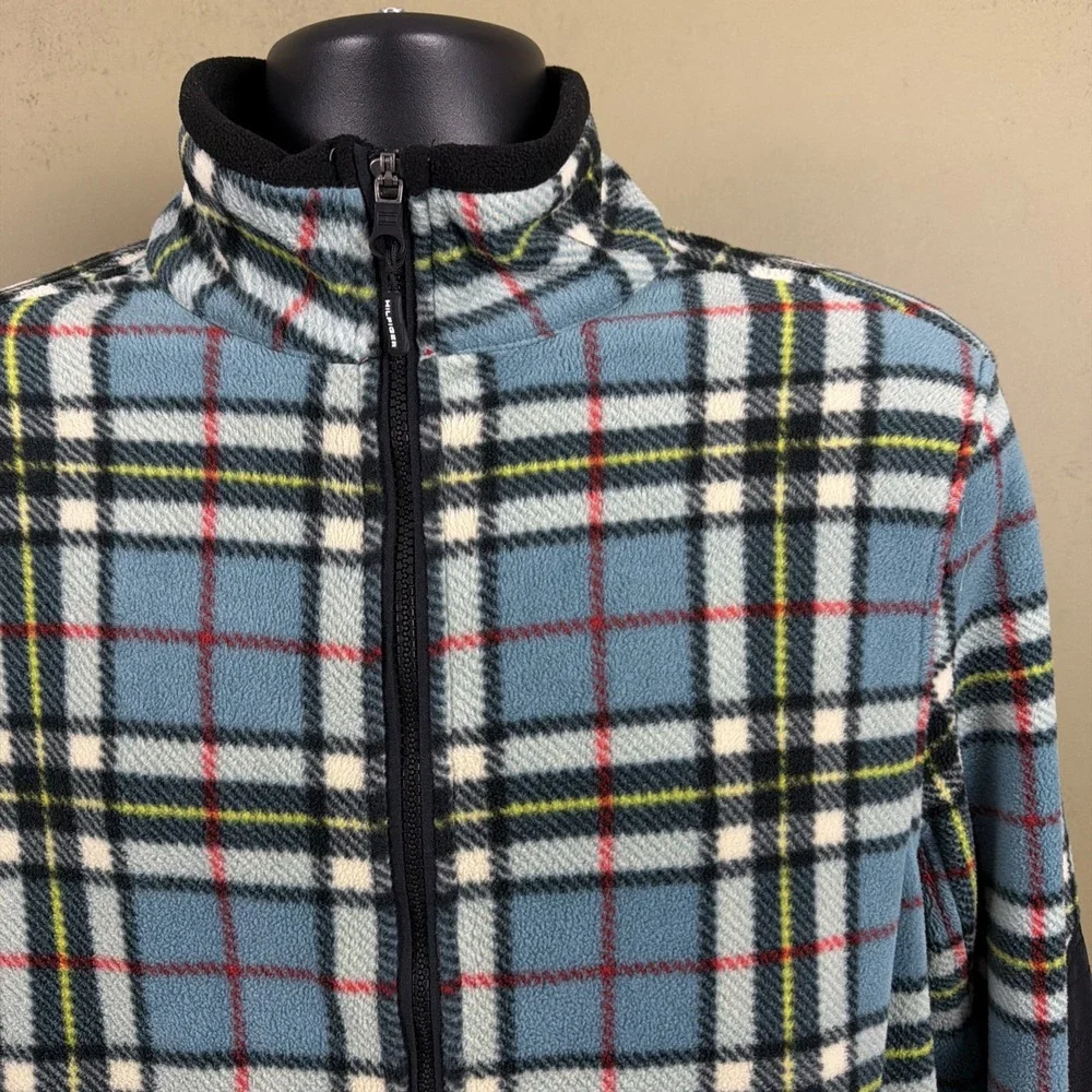 Tommy Hilfiger Retro Full Zip Polar Fleece Jacket Mens S Tartan Plaid Mock Neck